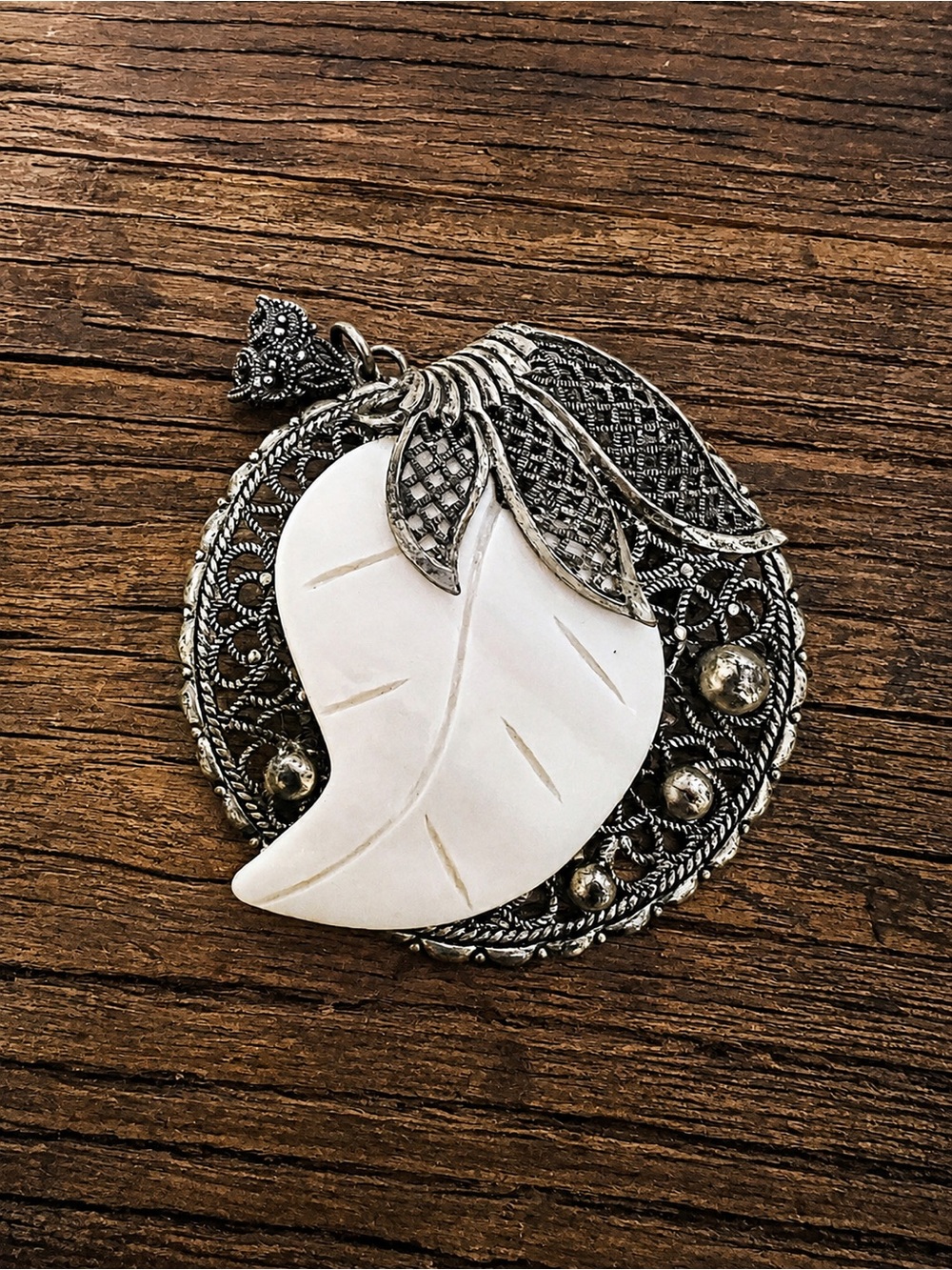Vintage White Carved Leaf Sterling Silver Pendant/Brooch